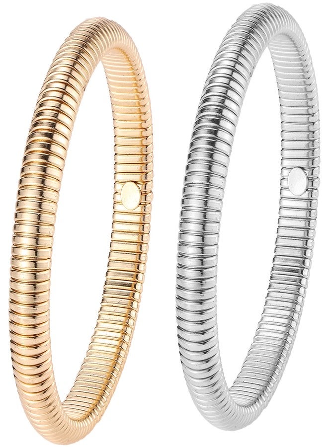CHTRYTOM Gold Bangles for Women Chunky Stretch Bangles Bracelets Set 18K Gold Plated Stainless Steel Link Chain Bracelets Flexible Wide Wristband Bracelets Set of 3 Jewelry for Women 1SG - Image 1